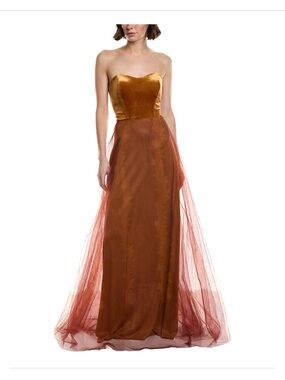 NWT Strapless Velvet Bodice Evening Gown in Burnt Orange Size 6